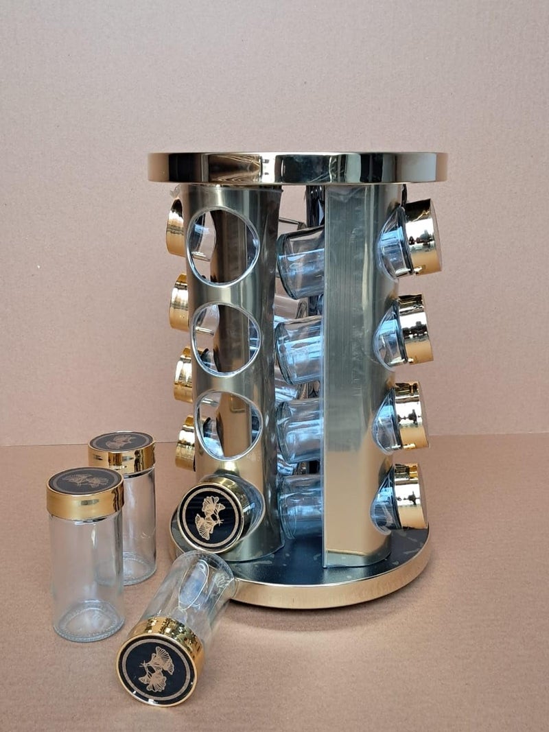 MUGATH MUGATH Steel Rotating Spice Rack Aesthetic Spice Rack for Inside Cupboard or Free Standing Spice Rack Organiser Including 16 Spice Jars with Lids Revolving Spice Tower Golden Round Spice Rack Set - Image 5
