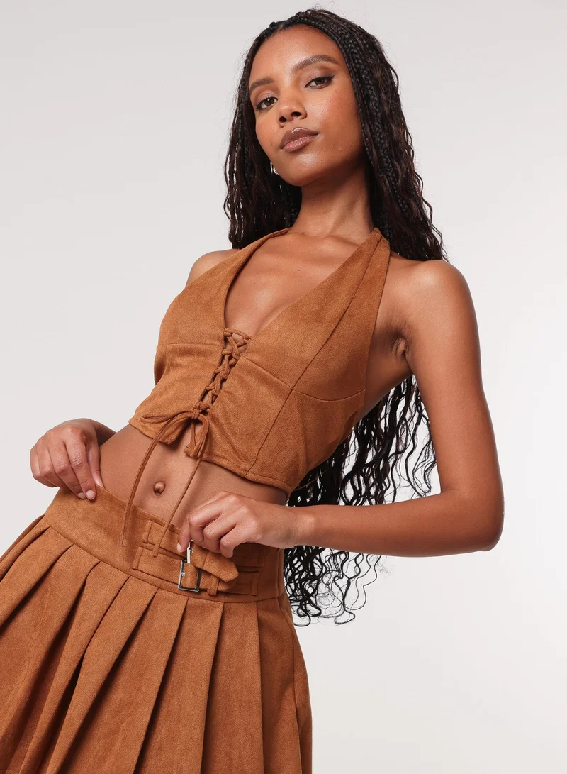 Pink Vanilla Suedette Lace Halterneck Top