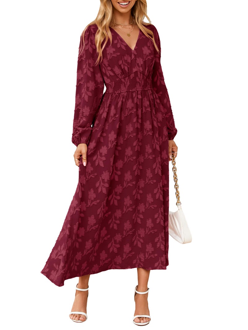Simplee Womens Boho Floral Long Sleeve Maxi Dress Semi Formal Wedding Guest Dresses Elegant Holidy Party Dress Burgundy M - Image 1