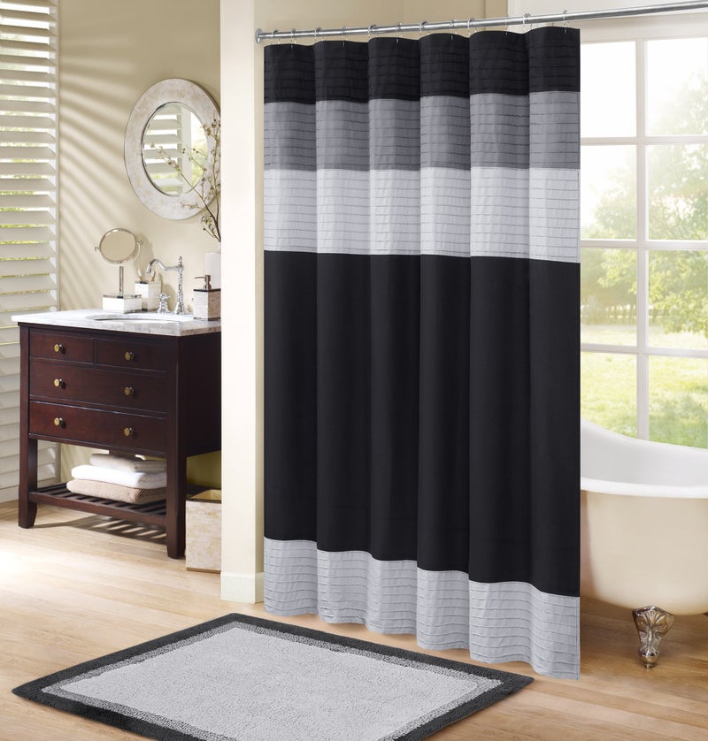 Comfort Spaces Windsor Bathroom Shower Pieced Ruffle Pattern Modern Elegant Microfiber Fabric Bath Curtains, 72x72, Black - Image 1