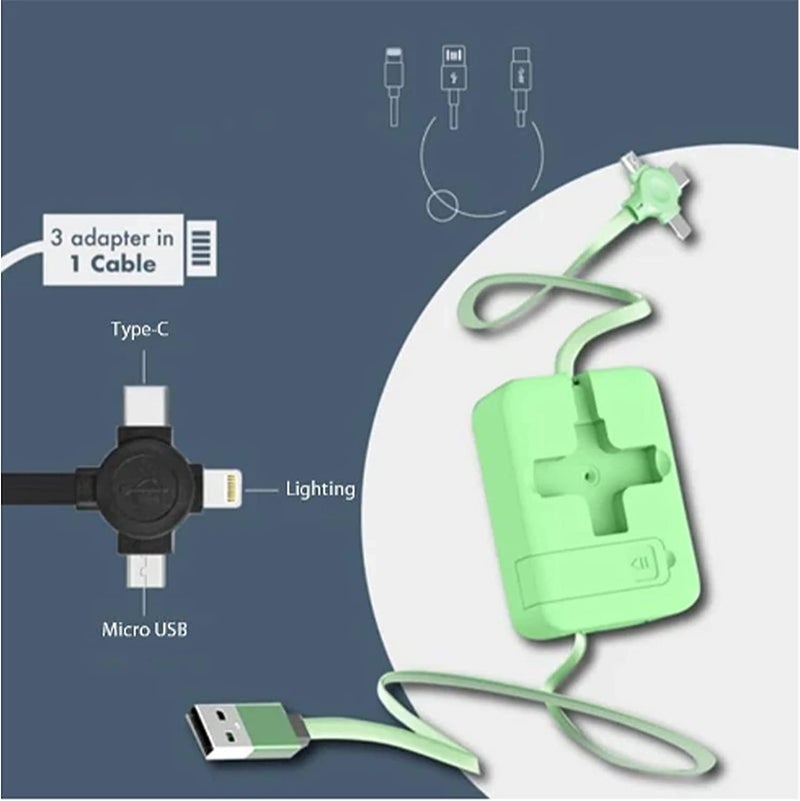 comfrt Three in One Charging Cable Roll - 2022 [New] USB Cable Multiple Charger - Creative Portable 3-in-1 Mobile Phone Charger - for IP/Android/Type-C/Micro-USB (Green) - Image 5