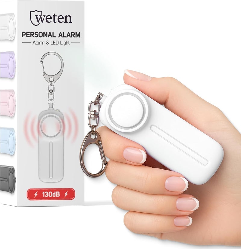 WETEN جهاز إنذار شخصي للحماية - صفارة 130 ديسيبل، ضوء LED، دبوس طوارئ - جهاز دفاع ذاتي مدمج وبديل صفارة الطوارئ للنساء، الجامعات، السفر، وحماية المشي ليلاً (أبيض) - Image 1