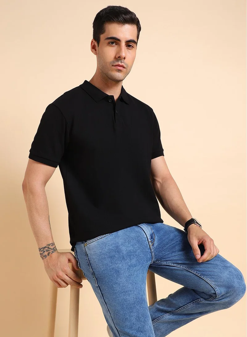 Dennis Lingo Men's Black 100% Cotton Solid Pattern Regular Fit T-Shirt