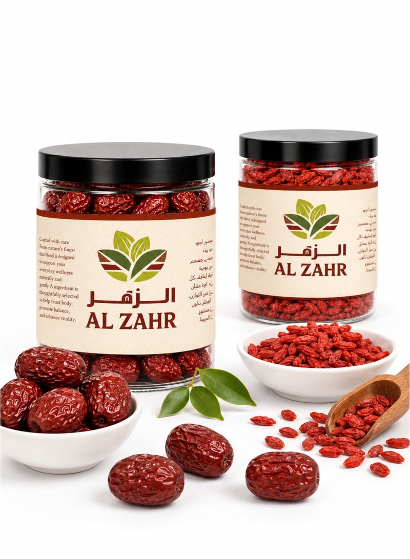 زهر مزيج توت الغوجي والعناب الأحمر 200 جم (100 جم توت الغوجي + 100 جم عناب أحمر) – ثمار طبيعية نقية 100%، عالية الجودة ومختارة يدوياً | توت الغوجي وعناب (الزيزفون الصيني) مجفف فاخر - Image 1