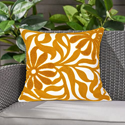 Alysheer Farmhouse Floral Leaves Embroidered Decorative Throw Pillow Cover 18x18 inches Boho Tufted Flowers Embroidery Pattern Chic Cotton Cushion Case for Couch Bed Sofa Living RoomMustard Yellow - Image 3