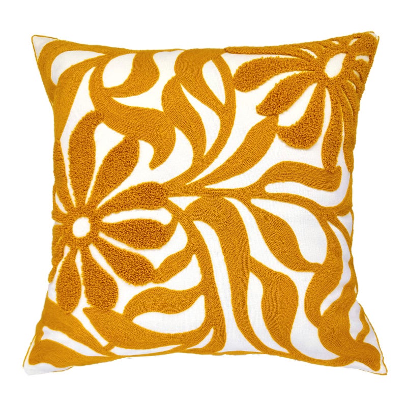 Alysheer Farmhouse Floral Leaves Embroidered Decorative Throw Pillow Cover 18x18 inches Boho Tufted Flowers Embroidery Pattern Chic Cotton Cushion Case for Couch Bed Sofa Living RoomMustard Yellow - Image 2