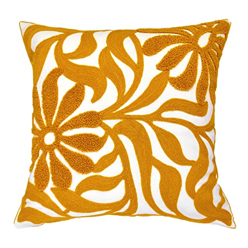 Alysheer Farmhouse Floral Leaves Embroidered Decorative Throw Pillow Cover 18x18 inches Boho Tufted Flowers Embroidery Pattern Chic Cotton Cushion Case for Couch Bed Sofa Living RoomMustard Yellow - Image 1