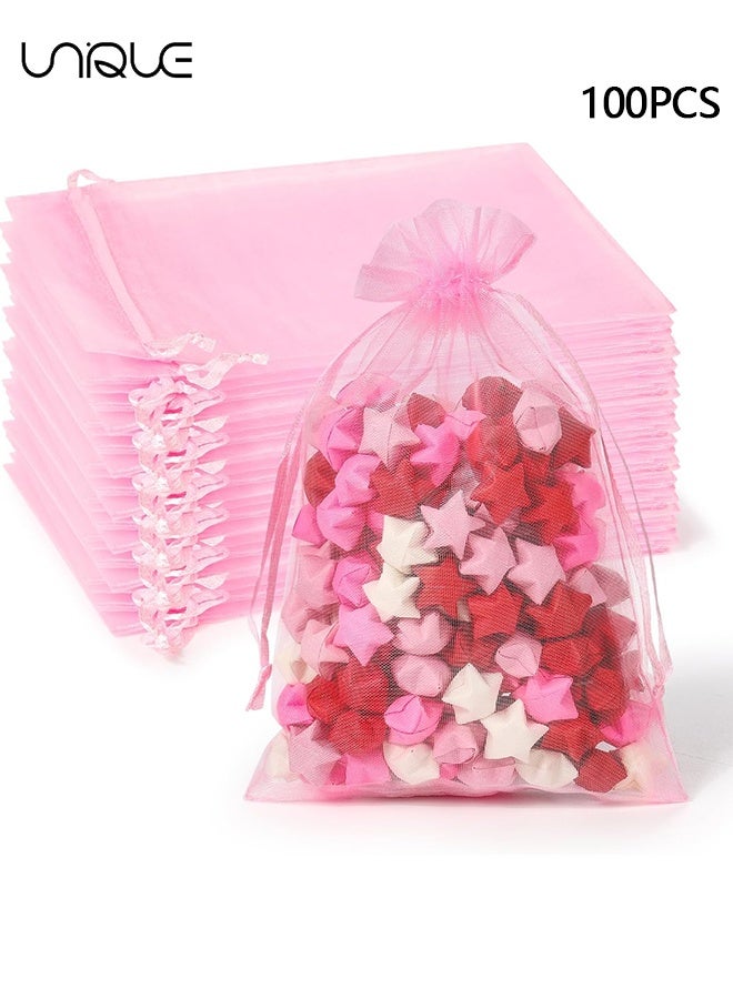 Unique 100Pcs Package 8 x 10CM Sheer Drawstring Organza Jewelry Pouches Wedding Party Favor Gift Bags, Little Mesh Gift Pouches Mini Candy Bags for Small Presents Jewelry Earrings（Pink） - Image 1