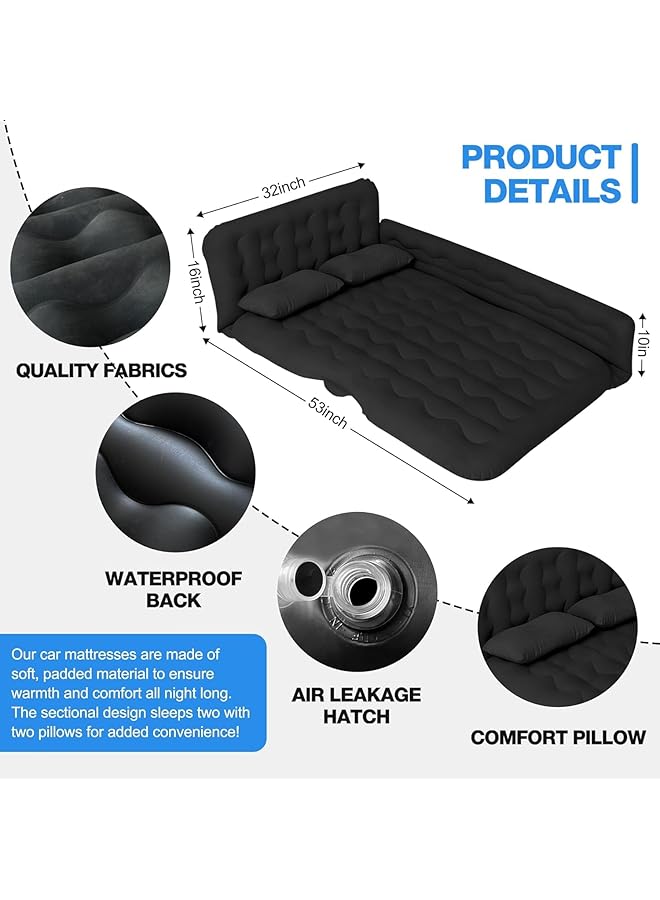 Fh Inflatable Car Air Mattress SUV Seat Bed Portable Foldable Car Air Bed for Outdoor Camping Sleeping Black - Image 3