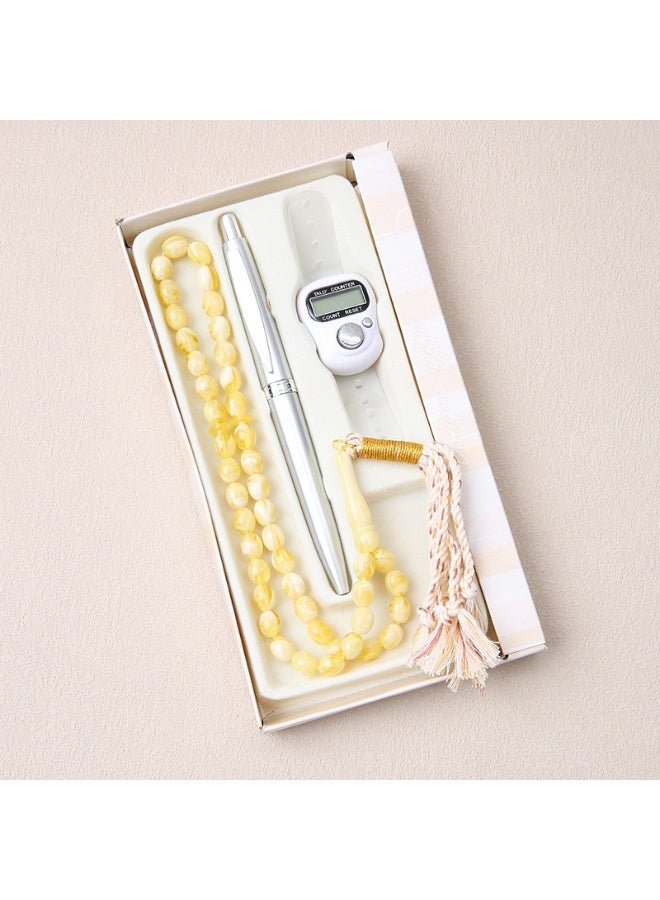 JFYP Yellow 3pcs Muslim rosary set, 45 beads in total, handheld style, for meditation and Islamic prayer, comes with a gift box. Suitable as a Ramadan gift, Eid al-Fitr gift, or Muslim prayer item. - Image 2
