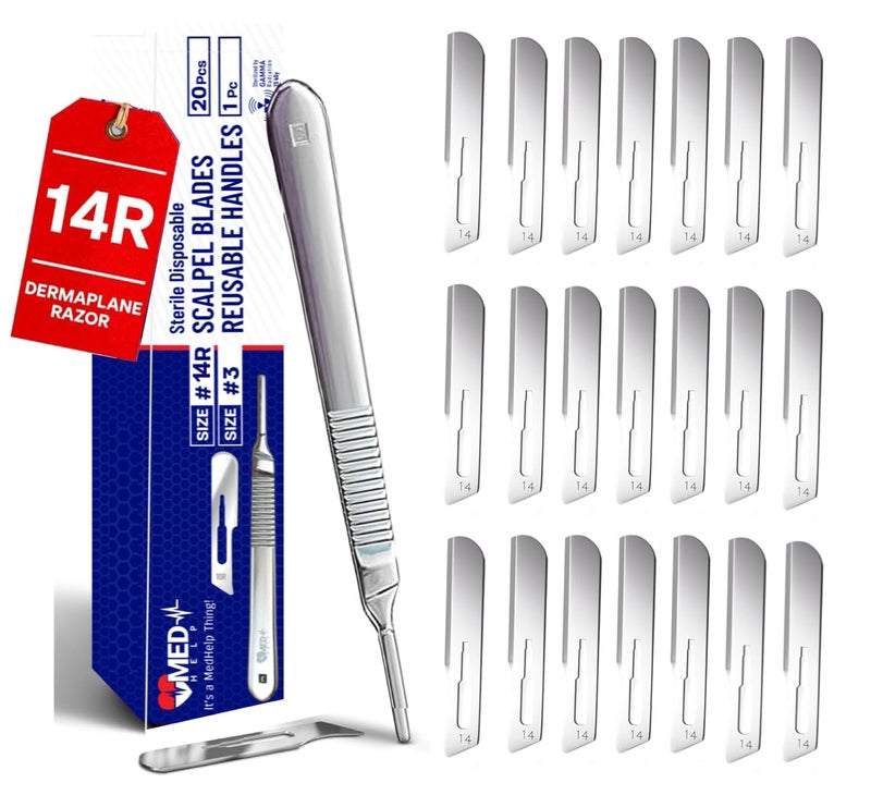 MedHelp 14R Blades Dermaplaning Scalpels with Dermaplane Handle, Pack of 21 Dermaplane Razor for Women Face with Stainless Steel Scalpel Handle 3 - Dermaplaning Tool for Face - Image 1
