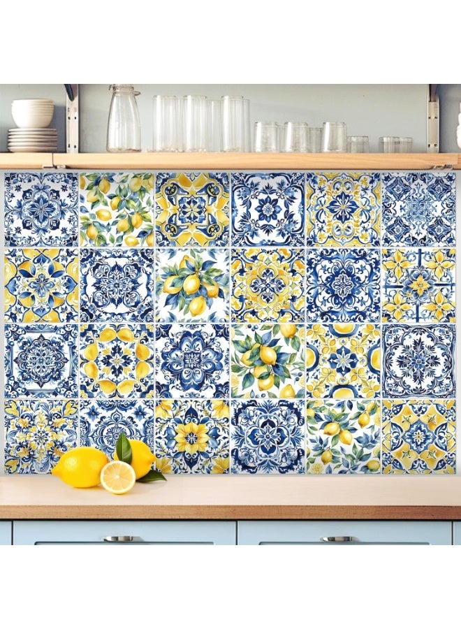 JOGAMS 24Pcs 4×4 Inch Lemon Tile Stickers Watercolor Mediterranean Style Peel and Stick Waterproof PVC for Kitchen and Bathroom - Image 1
