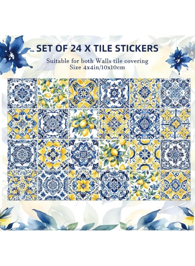JOGAMS 24Pcs 4×4 Inch Lemon Tile Stickers Watercolor Mediterranean Style Peel and Stick Waterproof PVC for Kitchen and Bathroom - Image 2