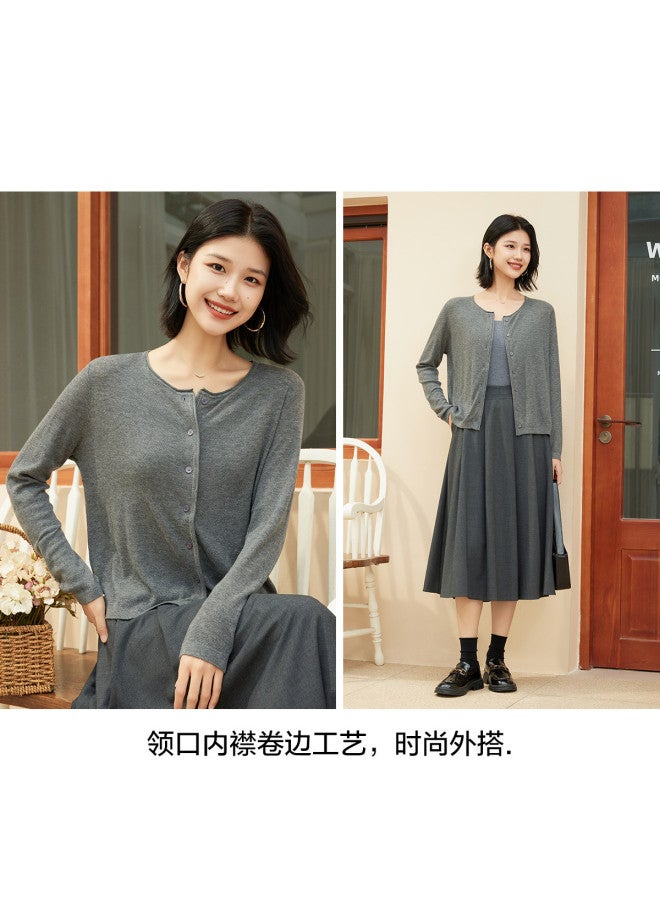 Hengyuanxiang Wool Included! Textured Loose Knit Cardigan With Round Neck, Rolled Hem Autumn Top, Solid Color High-End Feel Sweater - Image 4