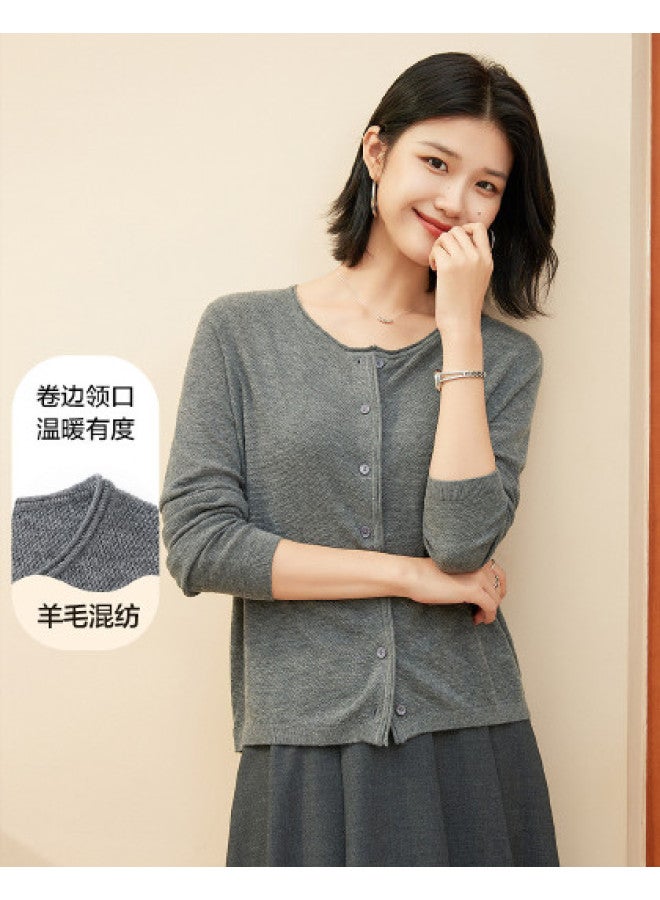 Hengyuanxiang Wool Included! Textured Loose Knit Cardigan With Round Neck, Rolled Hem Autumn Top, Solid Color High-End Feel Sweater - Image 1