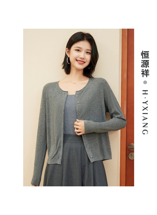 Hengyuanxiang Wool Included! Textured Loose Knit Cardigan With Round Neck, Rolled Hem Autumn Top, Solid Color High-End Feel Sweater - Image 3