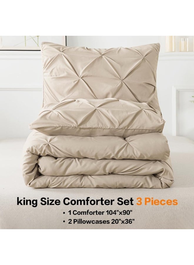 Andency Andency Khaki Pinch Pleated Comforter King(104x90Inch)  3 Pieces (1 Pintuck Comforter  2 Pillowcases) Pintuck Comforter Set Microfiber Down Alternative Comforter Bedding Set  - Image 4