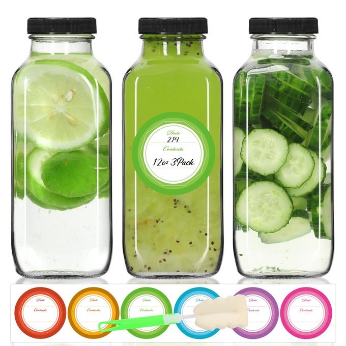 12 OZ 3 PACK GLASS JUICE BOTTLES WITH LIDS SQUARE REUSABLE DRINKING JARS FOR JUICING MILK KOMBUCHA INCLUDES 1 BOTTLE BRUSH 6 COLORED LABELS