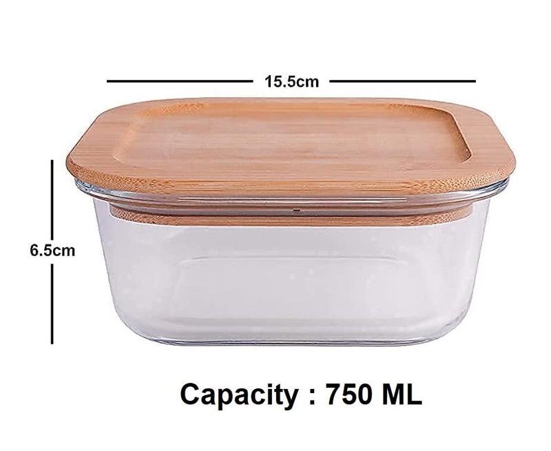 IndusBay Set of 2 Square Microwave Oven Safe Borosilicate Glass Containers with Wooden Bamboo Airitght Lid Leakproof Seal Microwave and Freezer Safe Bowl 750 ML Clear - Image 2