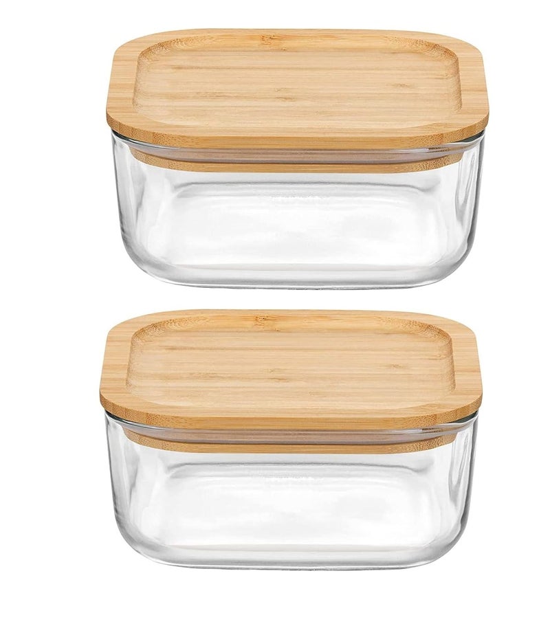 IndusBay Set of 2 Square Microwave Oven Safe Borosilicate Glass Containers with Wooden Bamboo Airitght Lid Leakproof Seal Microwave and Freezer Safe Bowl 750 ML Clear - Image 1