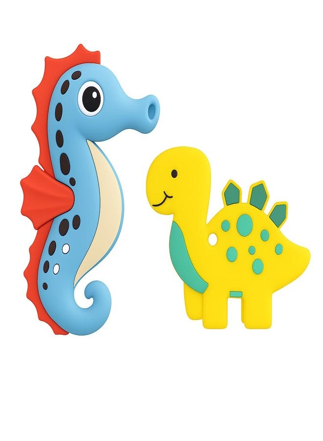 DTR Creation Silicone Baby Teether Pack of 2 | Blue Seahorse & Yellow Dinosaur Shape | Soft BPA-Free Food-Grade Silicone | Easy to Hold | Teething Toy for 0–3 Years Babies - Image 1