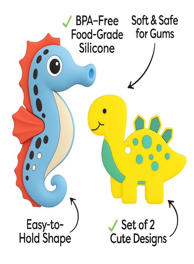 DTR Creation Silicone Baby Teether Pack of 2 | Blue Seahorse & Yellow Dinosaur Shape | Soft BPA-Free Food-Grade Silicone | Easy to Hold | Teething Toy for 0–3 Years Babies - Image 3