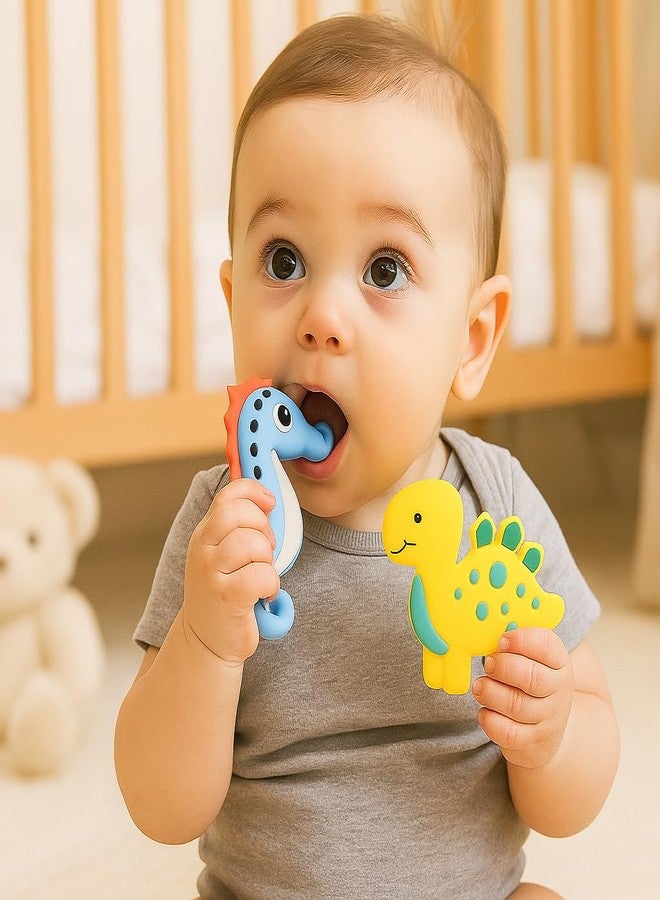 DTR Creation Silicone Baby Teether Pack of 2 | Blue Seahorse & Yellow Dinosaur Shape | Soft BPA-Free Food-Grade Silicone | Easy to Hold | Teething Toy for 0–3 Years Babies - Image 2