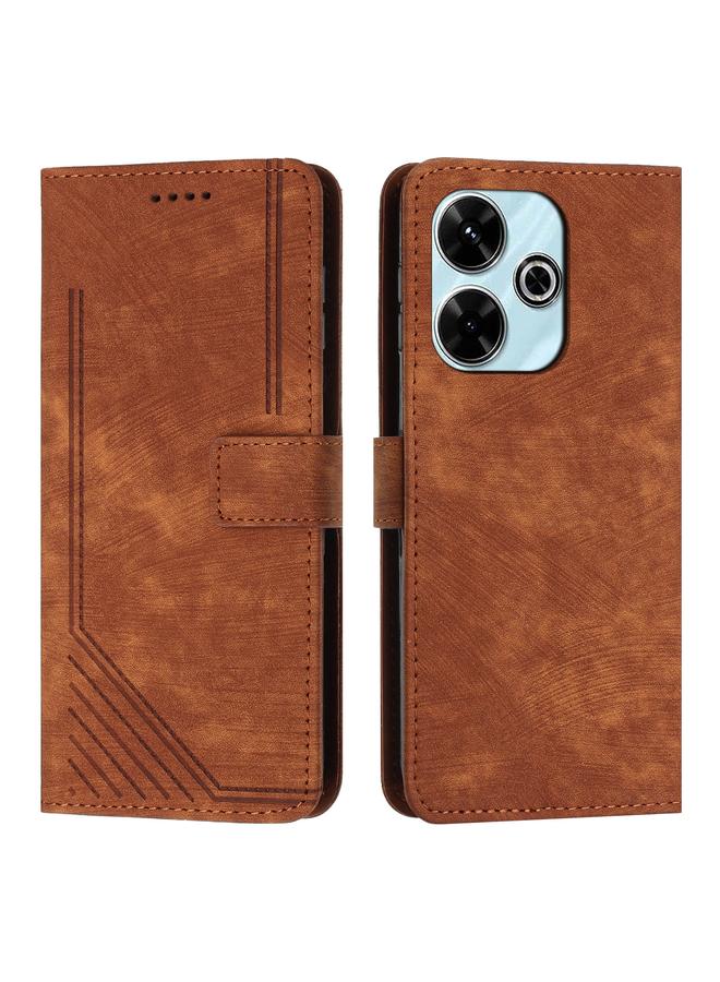Green Tiger For Xiaomi Redmi 13 4G Skin Feel Stripe Pattern Leather Phone Case with Long Lanyard(Brown)