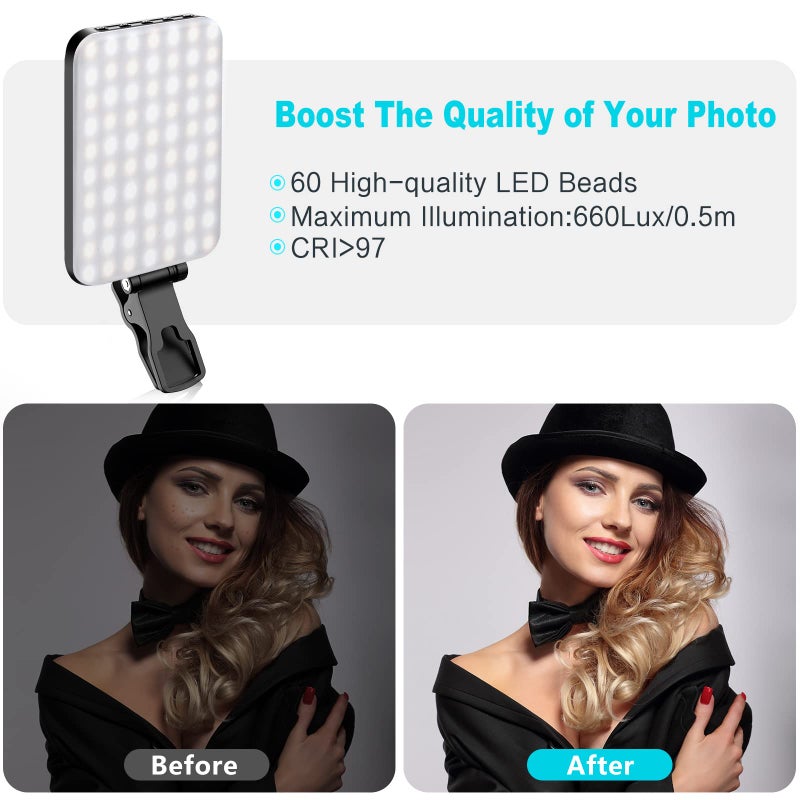 Anautin Selfie Light, 60 LED 2200mAh Rechargeable Cell Phone Fill Light 7 Modes, 10-Level Brightness, Portable Clip on Light for Phone/Tablet/Laptop, Zoom Call Vlog Makeup TikTok Video Fill Light - Image 5