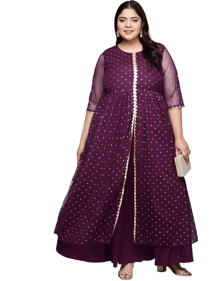 A Plus by Ahalyaa Women's Net Fit and Flare Maxi Dress (AP-AHDRNTFP-981-FF-5XL_Burgundy - Image 1