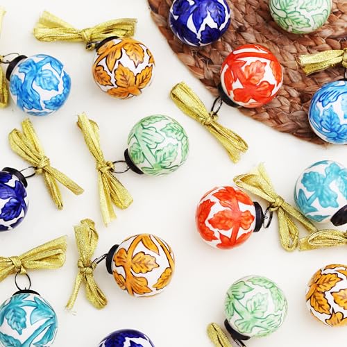 Indian-Shelf IndianShelf 12 Colourful Christmas Balls with Ribbon- Porcelain Christmas Ornaments- Multicolor Ceramic Tree Balls- Large Christmas Ornaments- Ball Ornaments for Christmas - Vintage Christmas Ornament - Image 1