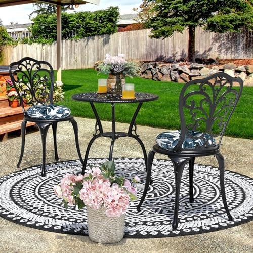 DYTXIII Set of 2 Outdoor Round Chair Cushions 15"x15"x4" with Ties, Water Repellent Tufted Bistro Seat Cushions, Thick Patio Chair Pads for Bar Stool, Garden & Dining Furniture - Palm Blue - Image 2