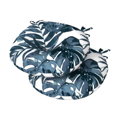DYTXIII Set of 2 Outdoor Round Chair Cushions 15"x15"x4" with Ties, Water Repellent Tufted Bistro Seat Cushions, Thick Patio Chair Pads for Bar Stool, Garden & Dining Furniture - Palm Blue - Image 1