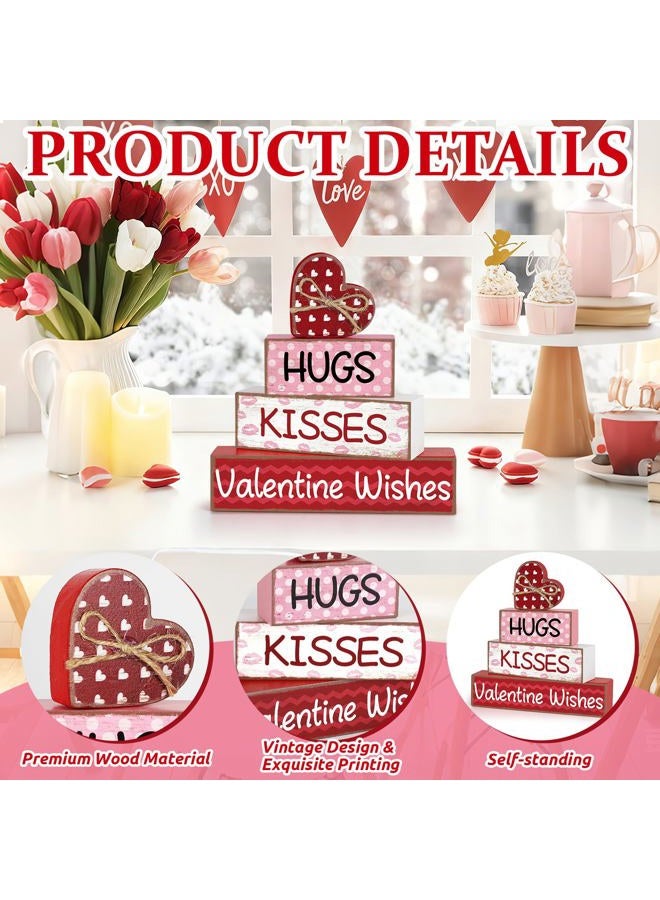 Sealmic Valentine's Day Wooden Table Decorations, Wooden Heart Shape Love Sign Decor Indoor, Red Pink Romantic Sweet Table Centerpiece Blocks for Home Tiered Tray Office Desk Shelf Wedding Anniversary Party - Image 3