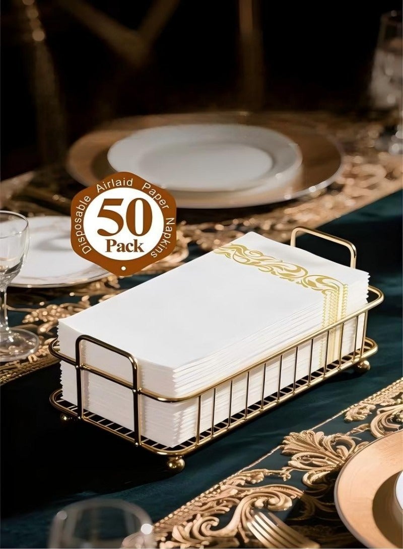 50 Pieces Golden Disposable Napkins, Paper Towels for Party, White Napkins with Gold Border Folded Cloth Napkin,Decorative Wedding Party Linen Feel Napkin, Paper Dinner Napkins for Weddings,Upscale Parties and Events,Paper Table Napkins,Soft, Sturdy, Absorbent, Pre-folded, Good quality - Image 1