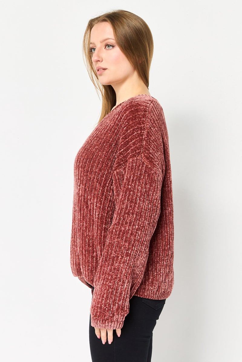 SELECTED Women Ribbed Neck Knitted  Sweater, Brown - Image 3