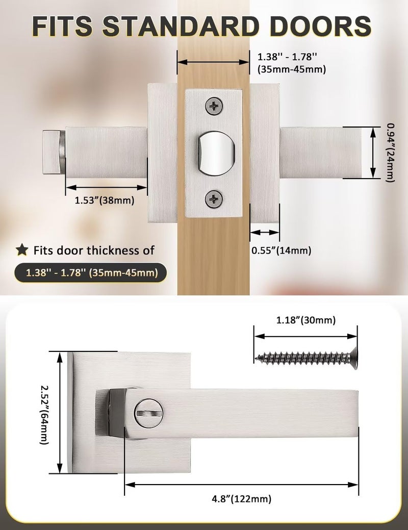 Tinewa 10 Pack Privacy Square Brushed Nickel Door Handles Interior, Keyless Door Knobs for Bedroom/Bathroom, Reversible for Left Right Handed Doors - Image 2