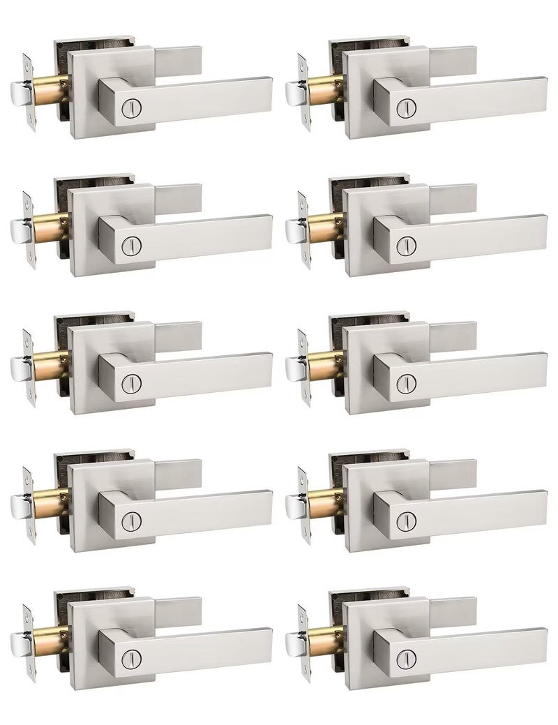 Tinewa 10 Pack Privacy Square Brushed Nickel Door Handles Interior, Keyless Door Knobs for Bedroom/Bathroom, Reversible for Left Right Handed Doors - Image 1
