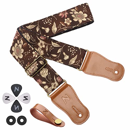 Nefelibata Japanese Cotton Guitar Strap for Acoustic Guitar, Ukulele, Free Headstock Strap Adapter, Guitar Picks and Strap Locks(Pomegranate Flower) - Image 1