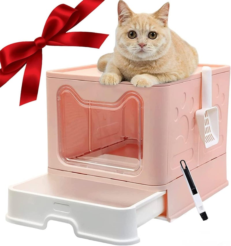 Foldable Top Entry Anti-Splashing Cat Litter Box with Drawer and Litter Spoon - Image 1