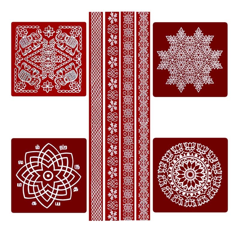 ABS HERBALS Glass : Self-Adhesive Rangoli/Kolam Sticker Traditional Handmade Kolam Art/Design Sticker For : Pooja Room, Home Entrance, Tile, Floor, (Meroon- M4Pcp4P Pack Of 8Pcs), 5 cms - Image 1