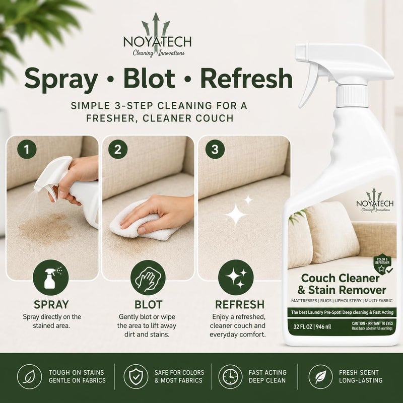 NOYATECH Couch Cleaner and Stain Remover Spray – Professional Strength, Multi-Surface Fabric and Upholstery Cleaner – Pet-Safe, Non-Toxic, Quick-Drying for Couches, Sofas & Car Interiors. - Image 3