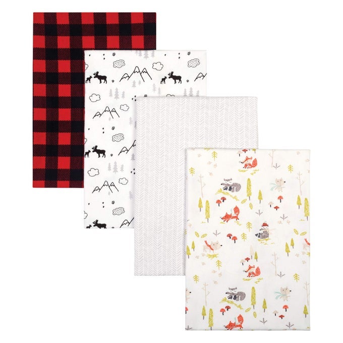 BUFFALO CHECK WOODLAND 4 PACK FLANNEL BLANKETSBUFFALO CHECK WINTER WOODS HERRINGBONE AND MOOSE MOUNTAIN PRINTS RED BLACK GRAY GREEN FLANNEL 30 IN X 30 IN EACH