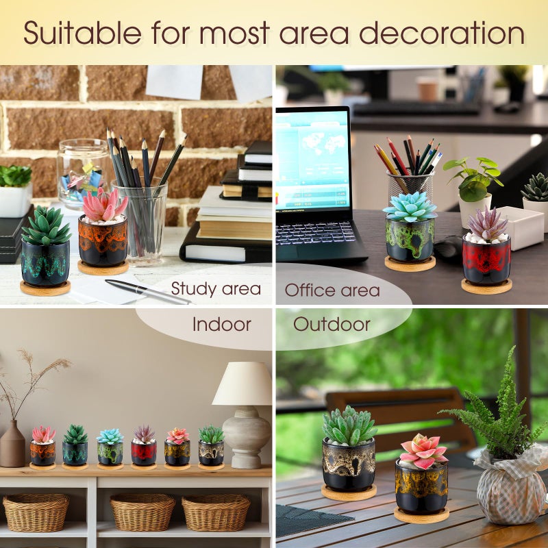 Rimcereal 12 Pcs Succulent Pots 2.5 Inch Mini Ceramic Succulent Garden Flower Pots Planters With Drainage And Bamboo Tray For Indoor Garden Plants Planters Colorful Flower Pot(Cylindrical 2.3 Inch H) - Image 5