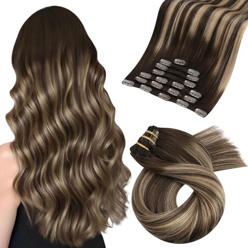 Moresoo Ombre Brown Clip in Hair Extensions Dark Brown to Caramel Blonde Balayage Real Hair Extensions Clip in Human Hair Full Head 16 inch 120g/7pcs - Image 1