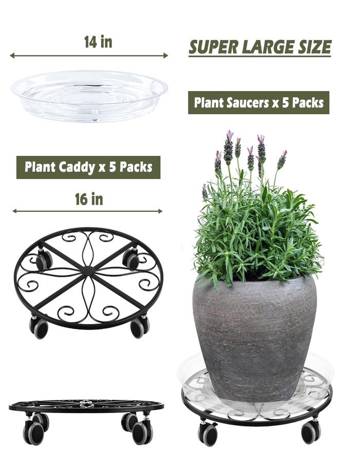 Planterhoma 5 Pack Plant Caddy with Wheels Heavy Duty 16 Inch Large Metal Plant Stand with Wheels Plant Dolly Rolling Plant Stand Plant Roller with Casters for Indoor and Outdoor with 5 Pack Plant Saucers, Black - Image 3