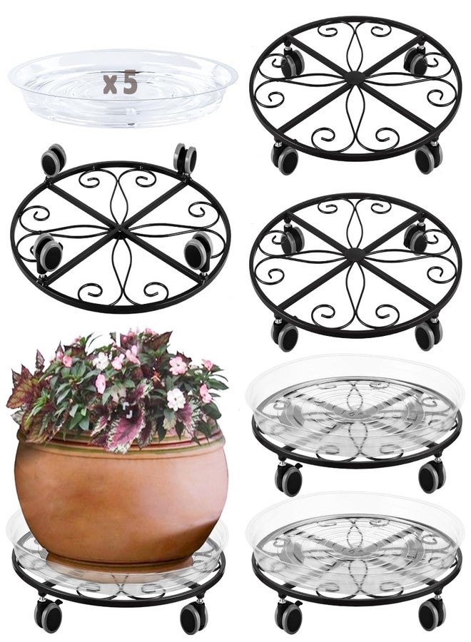 Planterhoma 5 Pack Plant Caddy with Wheels Heavy Duty 16 Inch Large Metal Plant Stand with Wheels Plant Dolly Rolling Plant Stand Plant Roller with Casters for Indoor and Outdoor with 5 Pack Plant Saucers, Black - Image 1