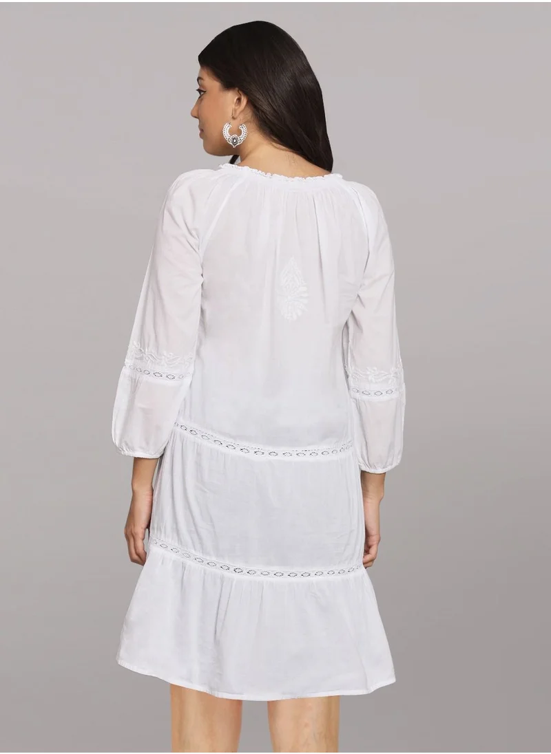 Alaya Hand Embroidered Chikankari A-Line Cotton Tunic With Elasticated Neckline & Sleeve-AL14362