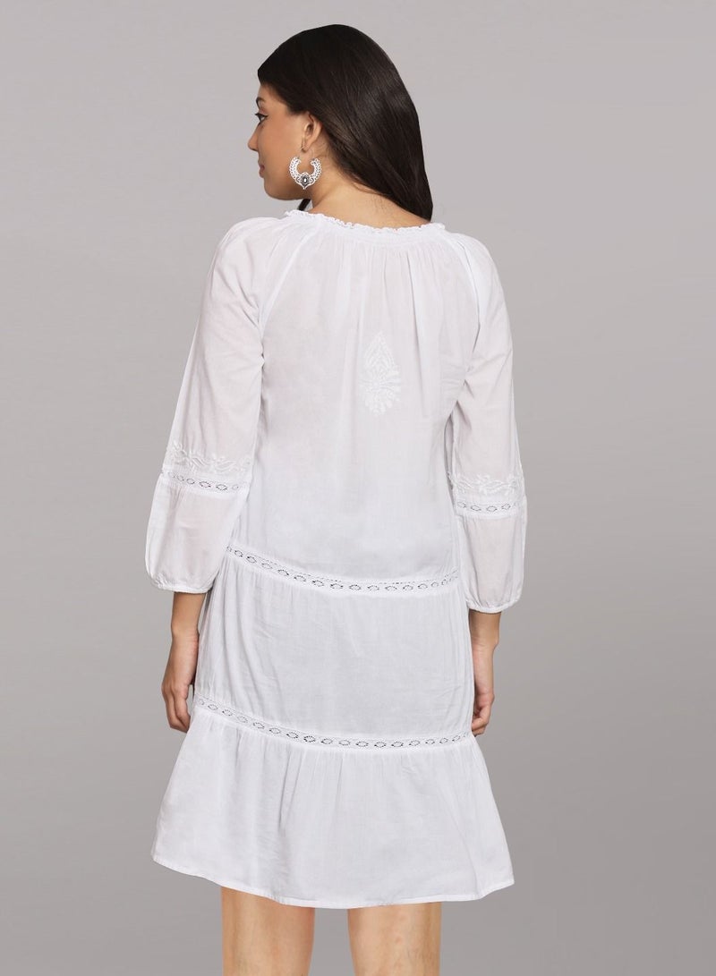 Alaya Hand Embroidered Chikankari A-Line Cotton Tunic With Elasticated Neckline & Sleeve-AL14362  - Image 2