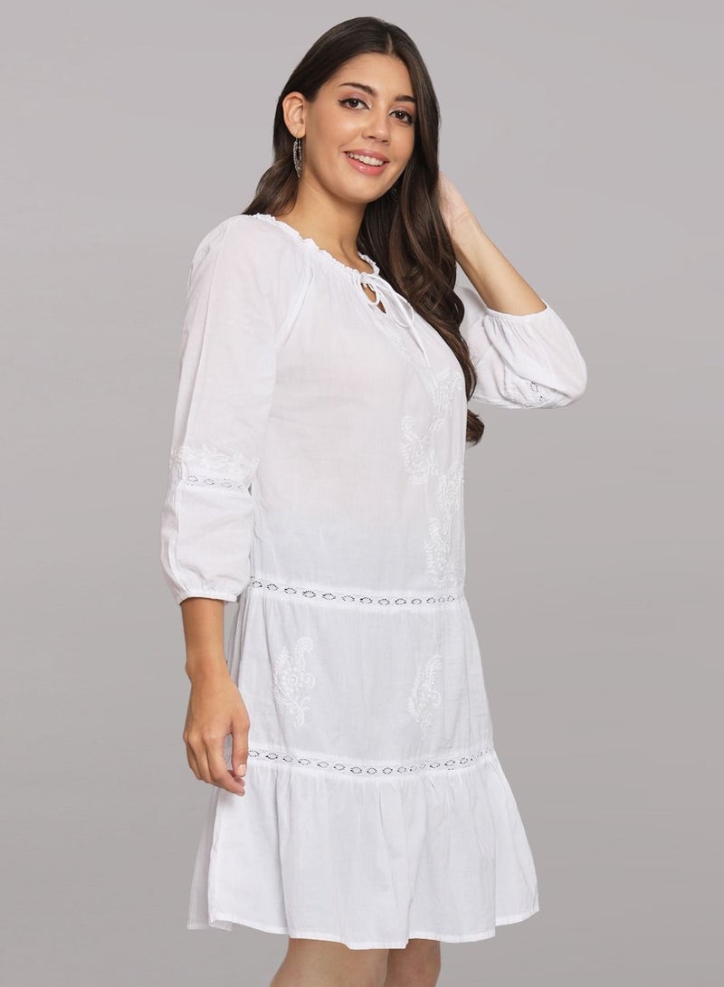 Alaya Hand Embroidered Chikankari A-Line Cotton Tunic With Elasticated Neckline & Sleeve-AL14362  - Image 4